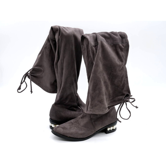 Catherine Malandrino Sock Boots Womens 7 Gray Fabric Pearl Heel Thigh Highs - Picture 1 of 11